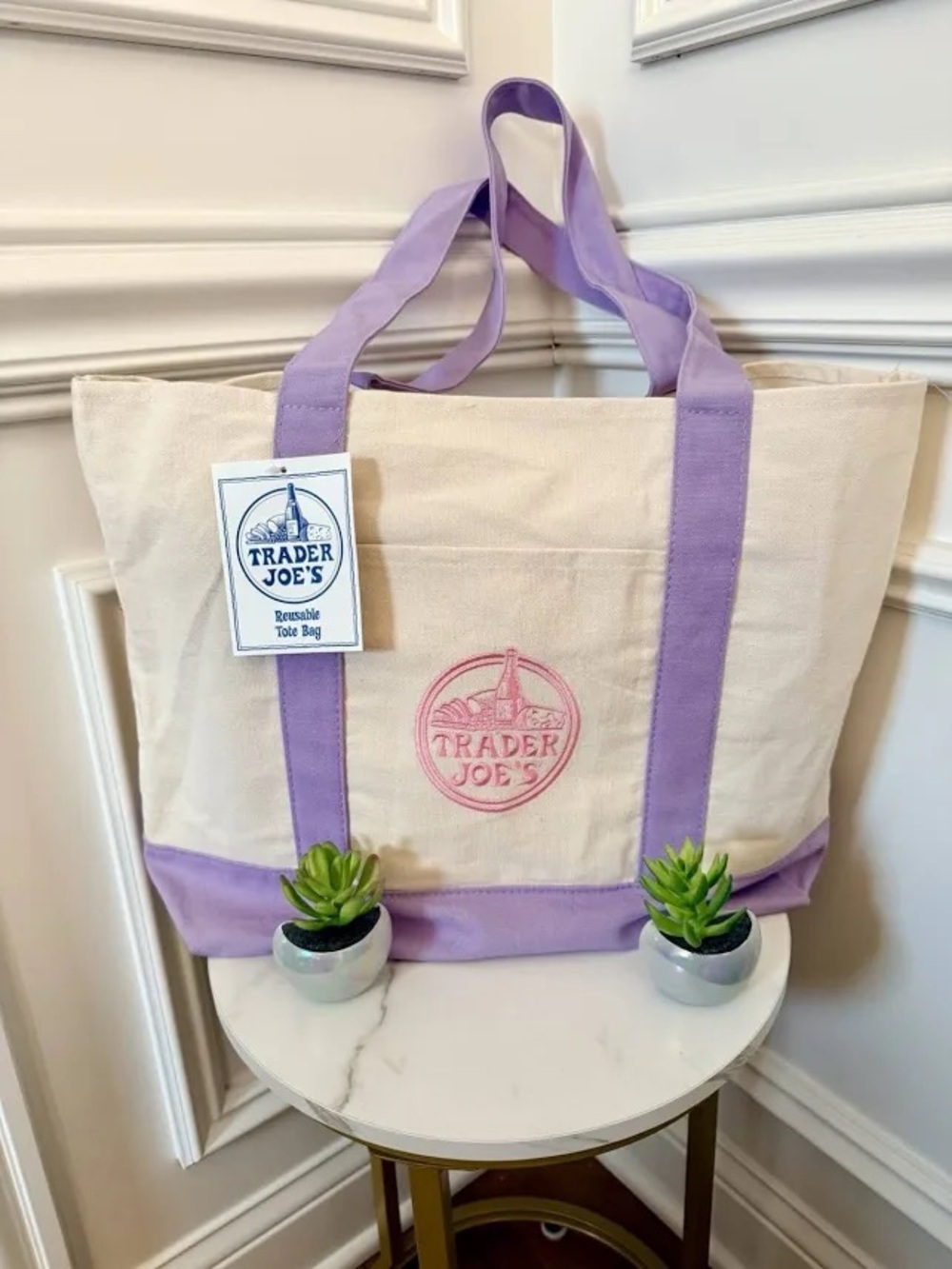 NEW TRADER JOE'S Large Pastel Purple Canvas Tote Bag New Release Easter Spring - Picture 3 of 3
